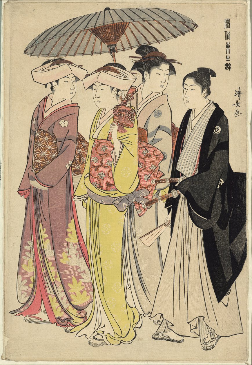 Nainen kolmen palvelijan kanssa sarjasta "A Brocade of Eastern Manners (Fuzoku Azuma no nishiki)" tekijältä Torii Kiyonaga