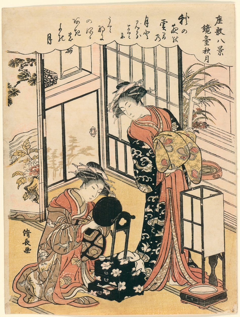 Peili jalustalla, joka ehdottaa syksyistä kuuta (Kyodai no shugetsu), sarjasta "Kahdeksan kohtausta salista (Zashiki hakkei)" tekijältä Torii Kiyonaga