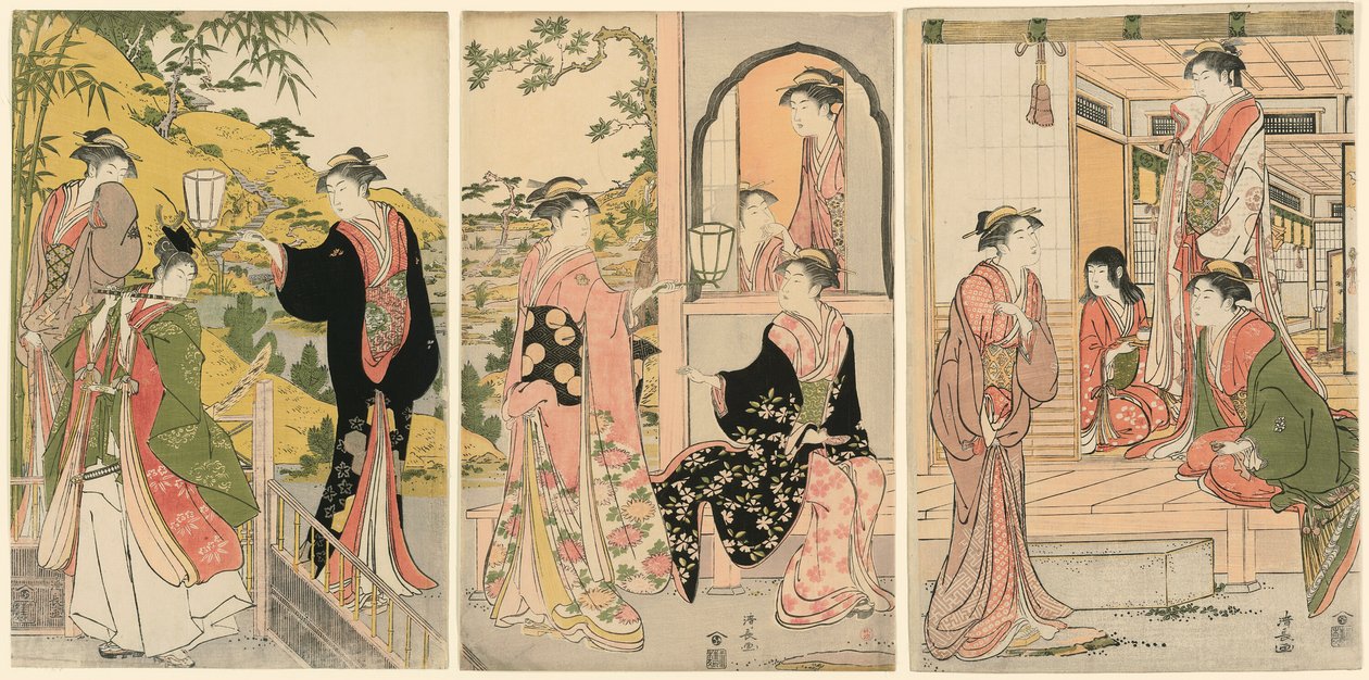 Moderni versio Ushiwakamaru Serenading Prinsessa Joruri tekijältä Torii Kiyonaga