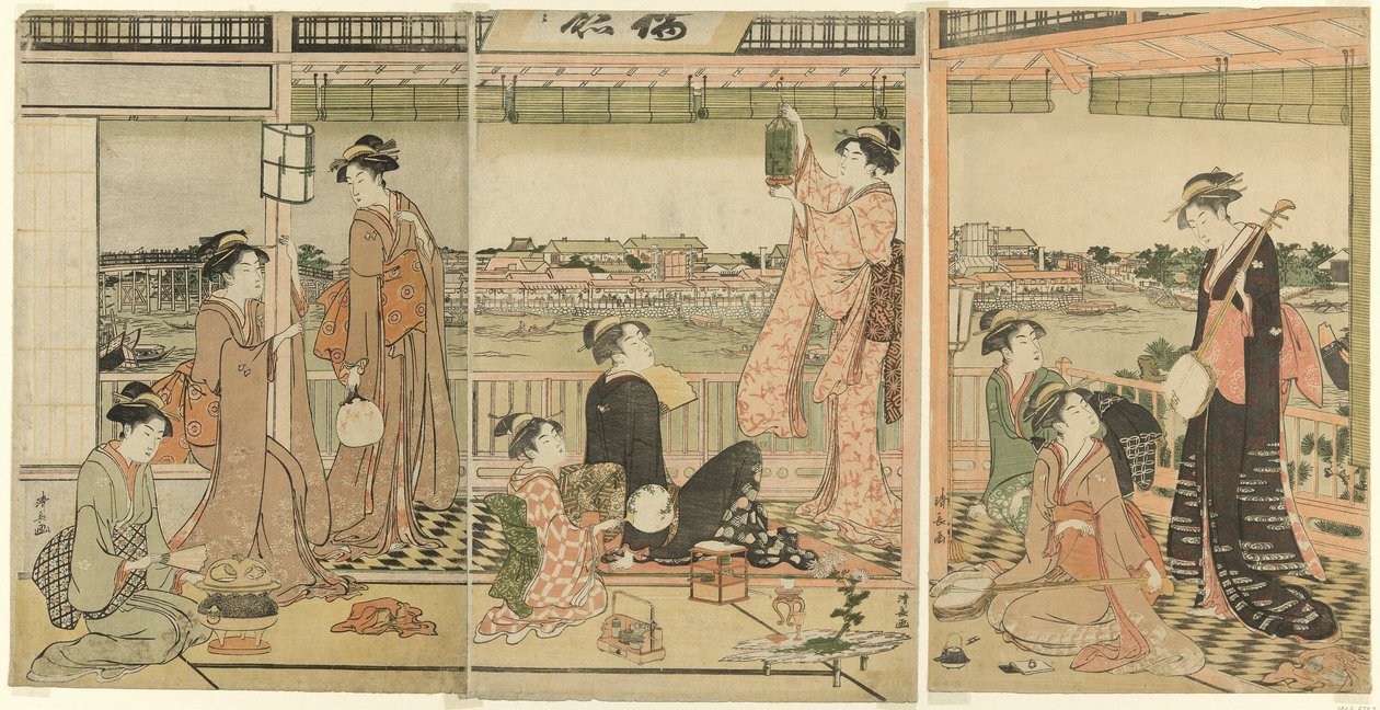 Juhla katselemassa kuuta Sumida-joen toisella puolella tekijältä Torii Kiyonaga