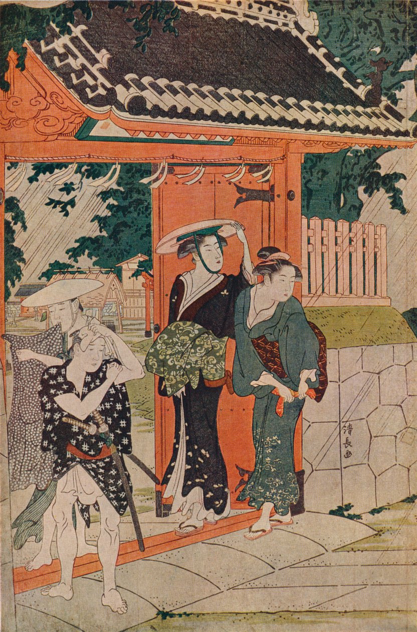 Äkillinen suihku Mimeguri Inarin pyhäkössä, 1787 tekijältä Torii Kiyonaga