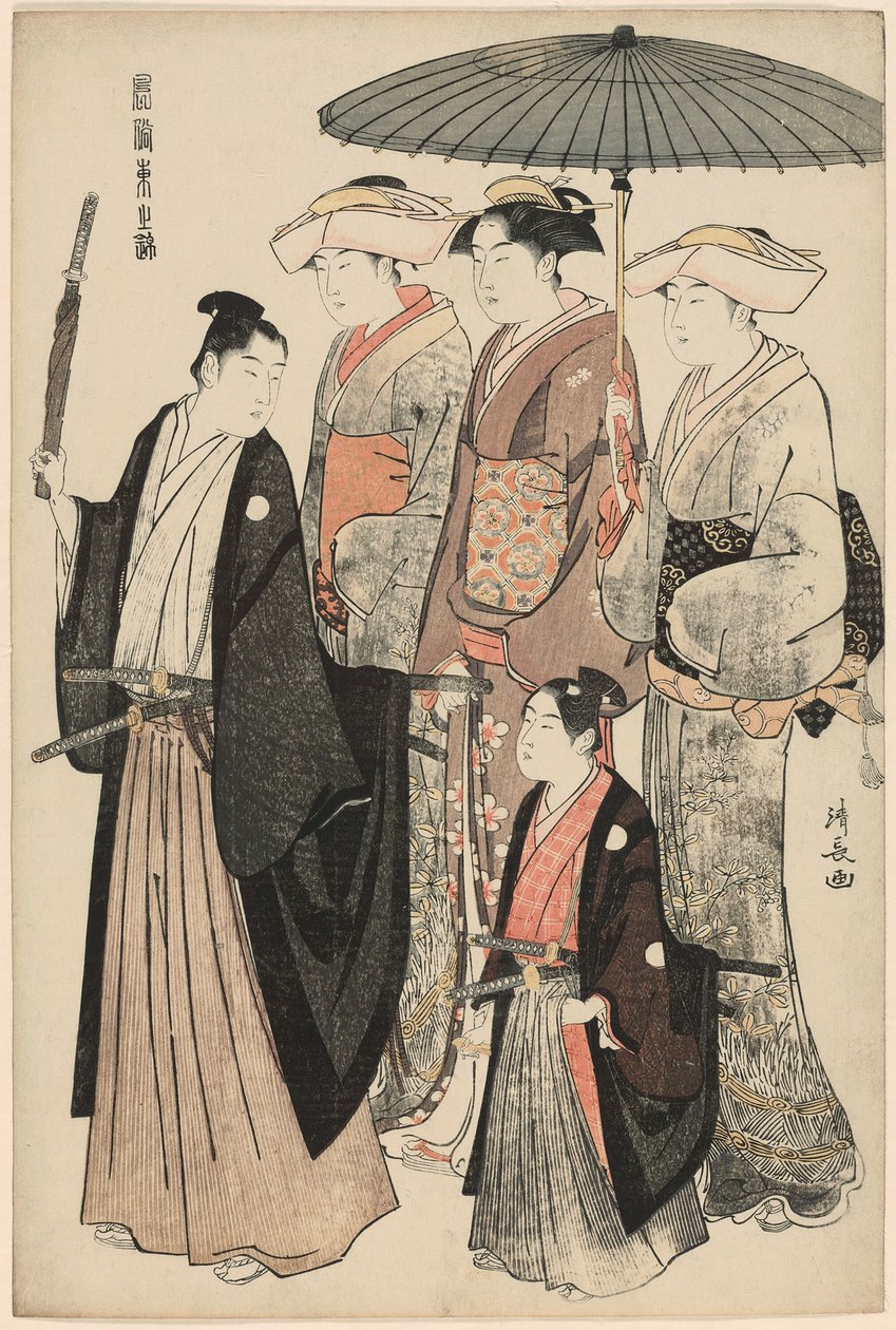 Nuori aatelismies, hänen äitinsä ja kolme palvelijaa sarjasta "A Brocade of Eastern Manners (Fuzoku Azuma no nishiki)" tekijältä Torii Kiyonaga