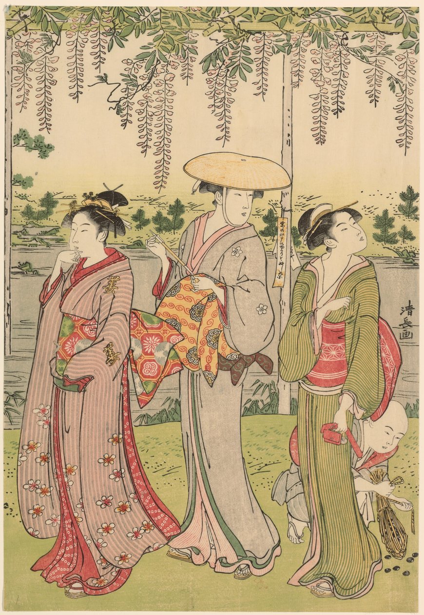 Wisteriaa ihailemassa Kameidon pyhäkössä tekijältä Torii Kiyonaga