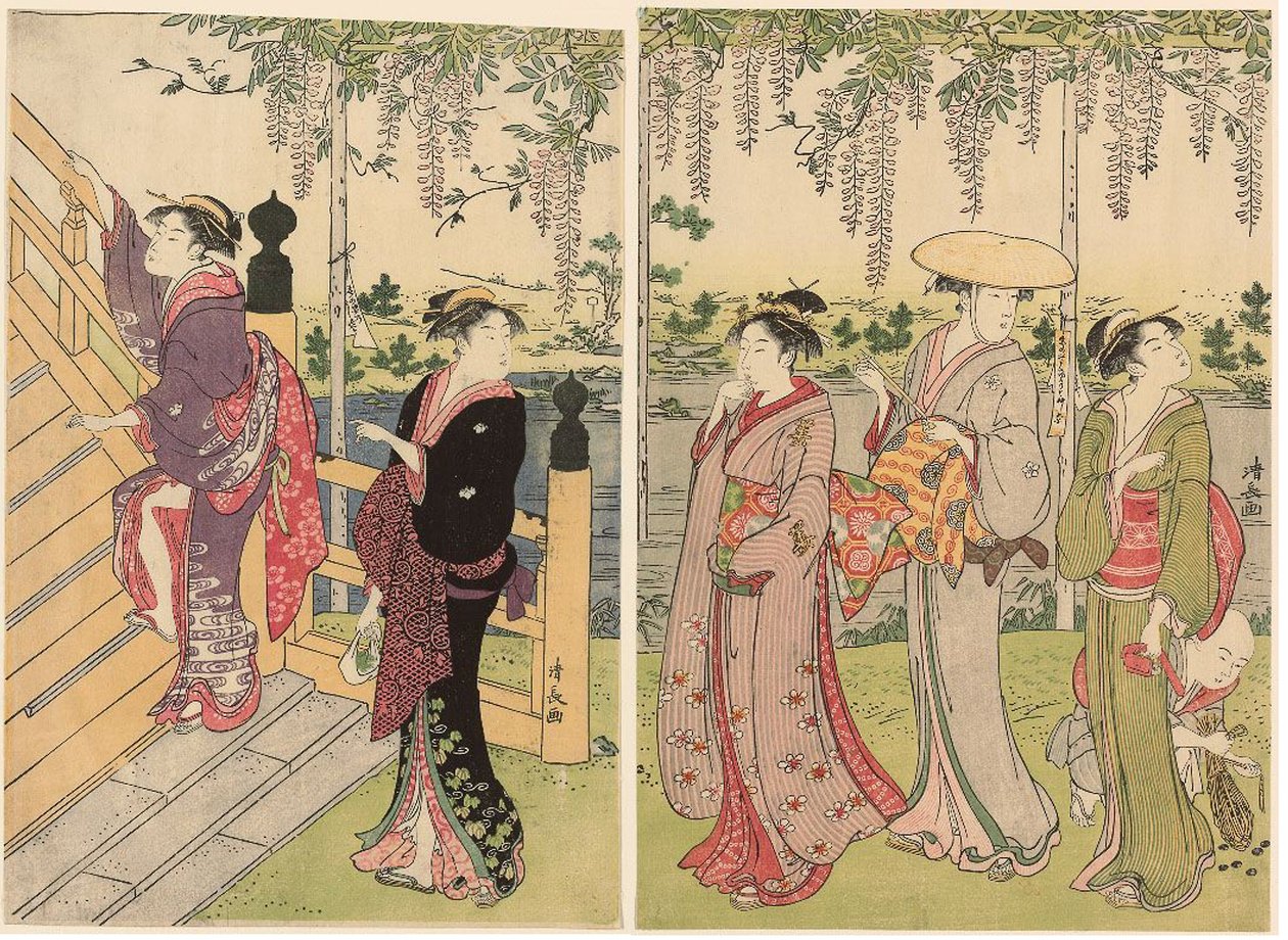 Wisteriaa ihailemassa Kameidon pyhäkössä tekijältä Torii Kiyonaga
