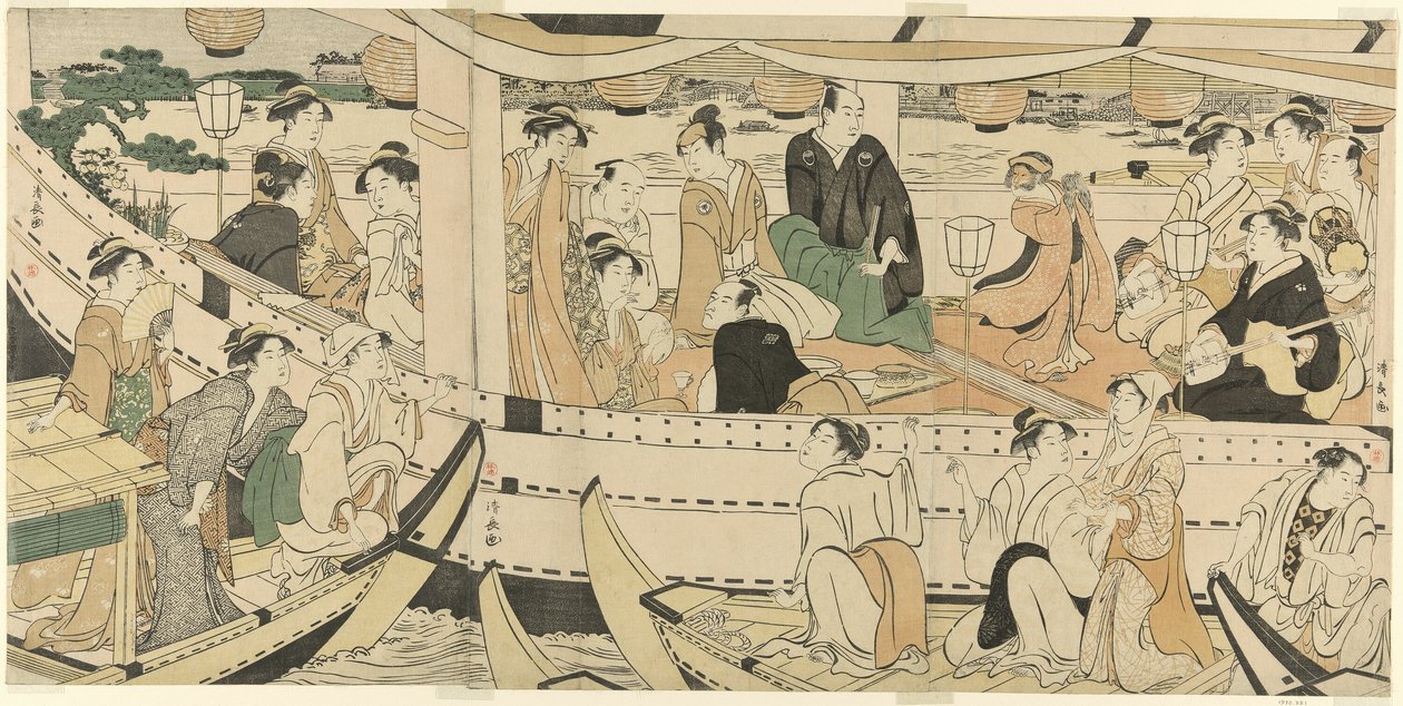 Näyttelijöiden veneilyjuhla Sumida-joella tekijältä Torii Kiyonaga
