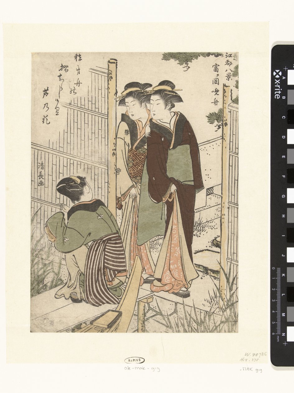 Iltavene Tomigaokassa Tomigaoka no banshu (otsikko esineessä) Kahdeksan näkymää Edosta (sarjan nimi) Edo hakkei (sarjan nimi esineellä) tekijältä Torii Kiyonaga