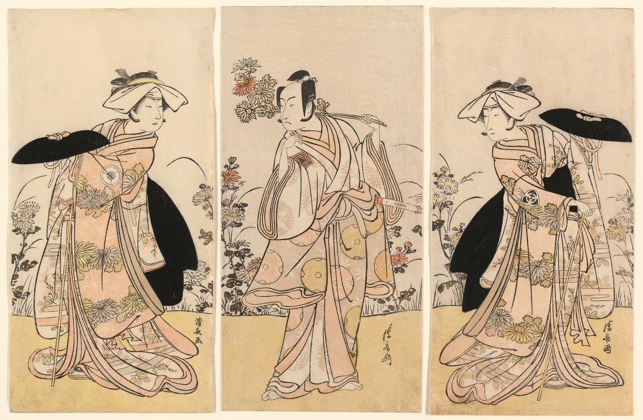 Bando Mitsugoro II Tennen no Mansaku-kitsuneena ja Ichikawa Monnosuke III Nikaido Shinanonosukena ja Iwai Hanshiro IV Okura no Kojoro-kitsuneena Moto Mishi Yuki Sakae Hachi-no-ki -draaman (Nidaime Bando Mitsugoro- Tennen no mansaku) kohtauksessa tekijältä Torii Kiyonaga