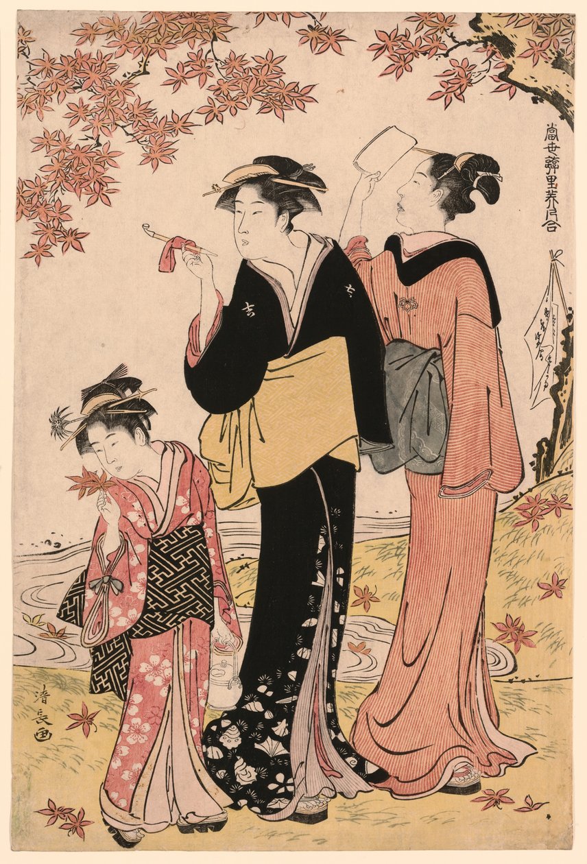 Kauneutta vaahteran alla, sarjasta "Kokoelma Pleasure Quartersin nykyaikaisia kaunokaisia (Tosei yuri bijin awase)" tekijältä Torii Kiyonaga