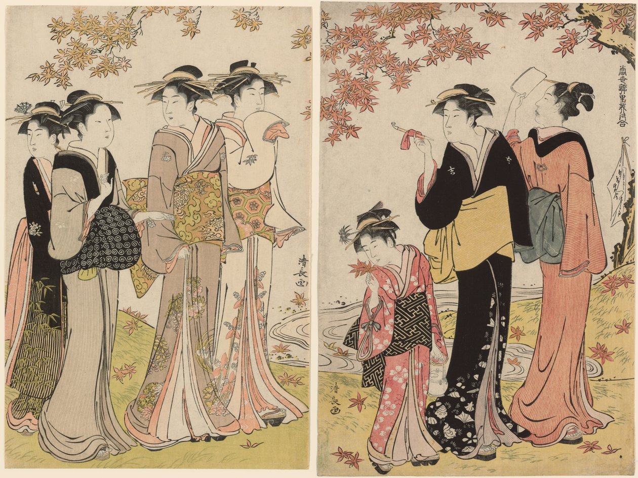 Kauneutta vaahteran alla, sarjasta "Kokoelma Pleasure Quartersin nykyaikaisia kaunokaisia (Tosei yuri bijin awase)" tekijältä Torii Kiyonaga