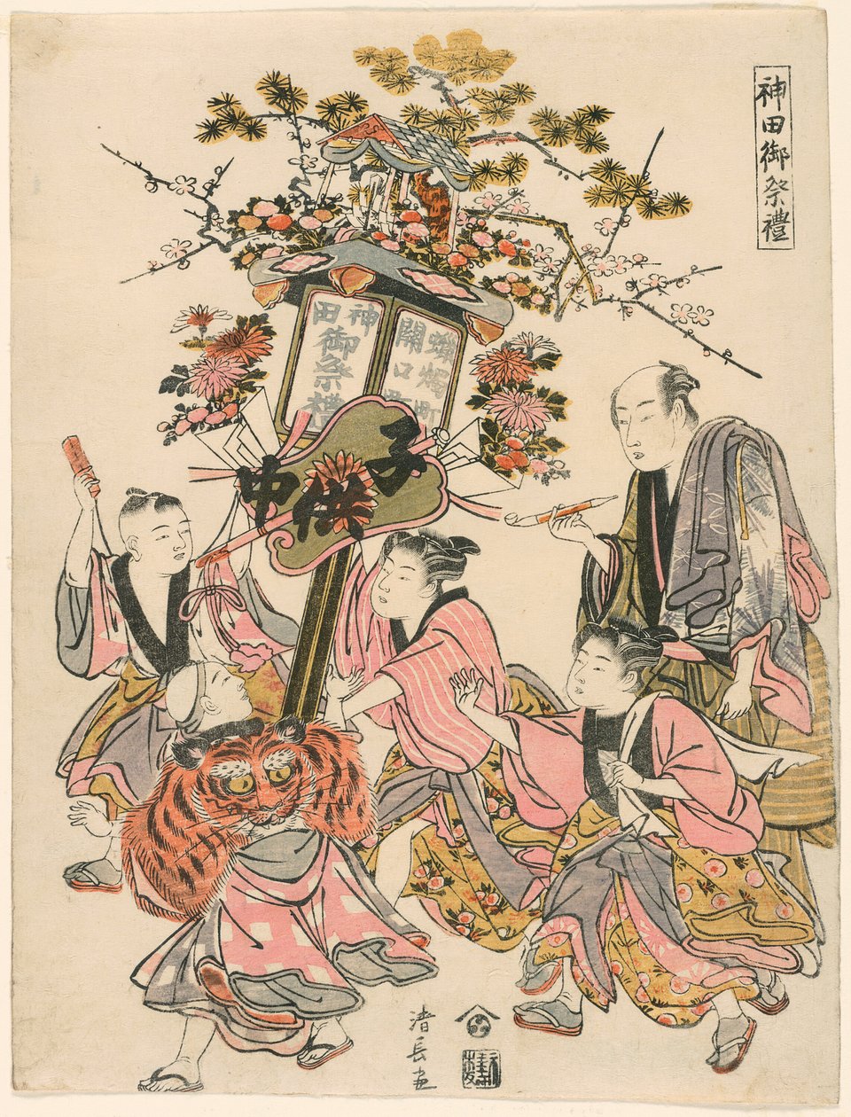 Kanto lyhtyä, joka on koristeltu paviljongilla, Goheilla, kukilla ja tuulettimella (Sekiguchi-cho Rosoku-cho no banto), sarjasta "Kanda pyhäkkö (Kanda go-sairei)" tekijältä Torii Kiyonaga