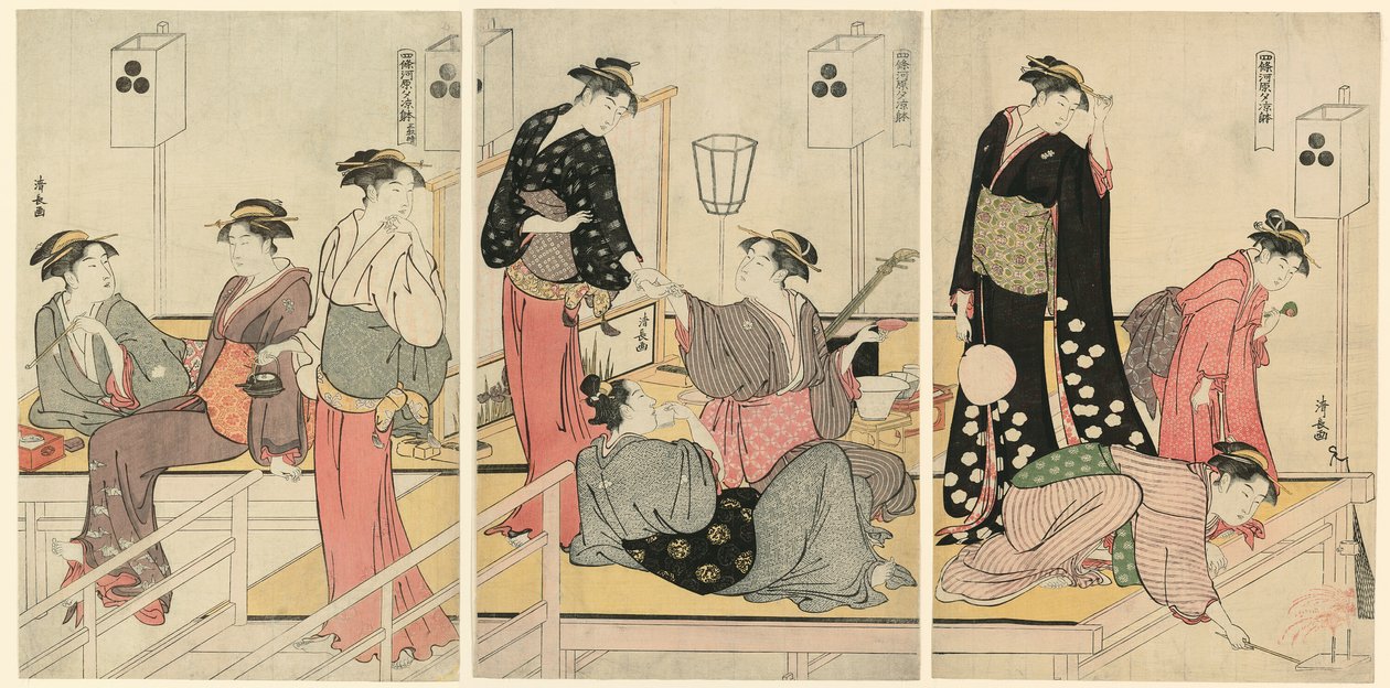 Viilentyminen iltaisin Shijogawarassa tekijältä Torii Kiyonaga