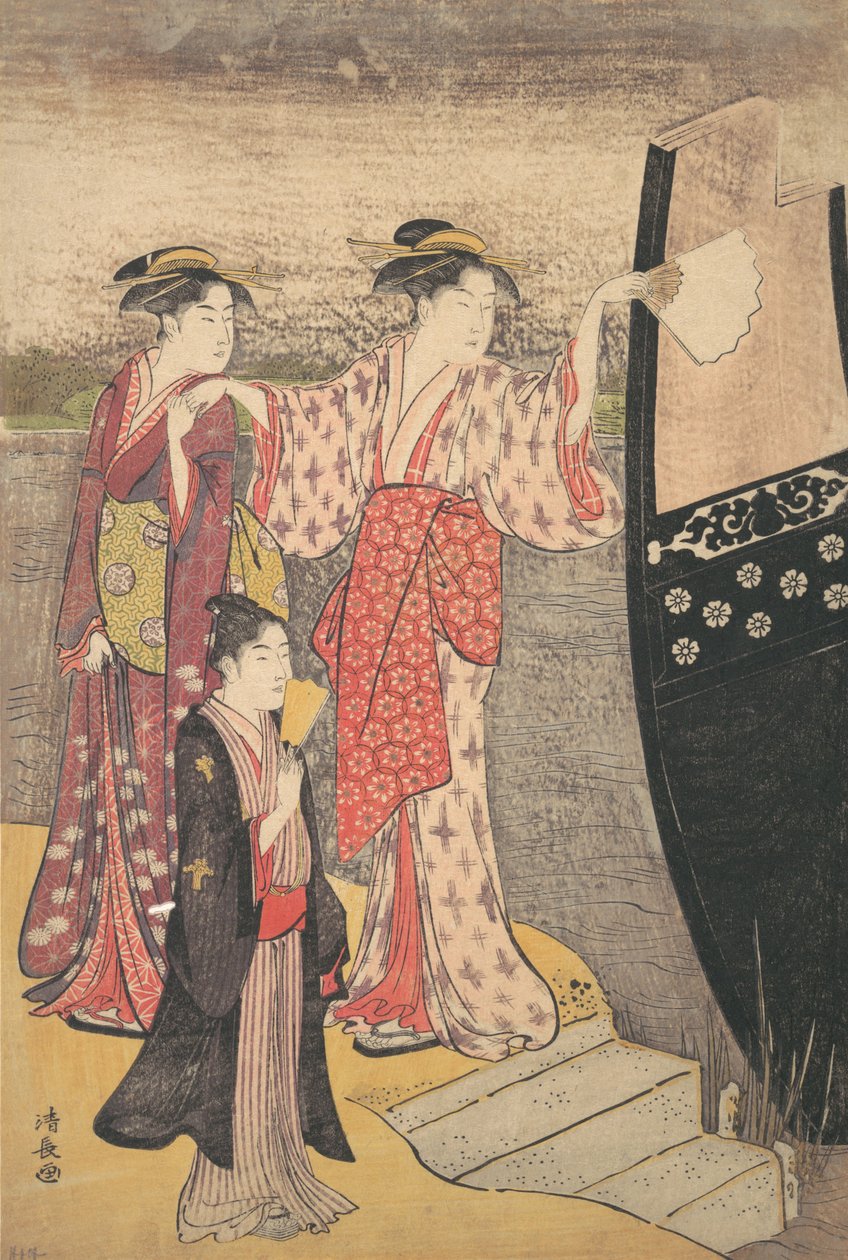 Poistuminen huviveneestä Sumida-joella. tekijältä Torii Kiyonaga