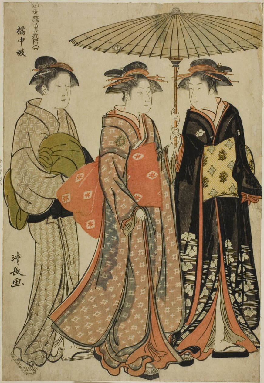 Tachibanan (Kitchugi) viihdyttäjät sarjasta "A Collection of Contemporary Beauties of the Pleasure Quarters (Tosei yuri bijin awase)" tekijältä Torii Kiyonaga