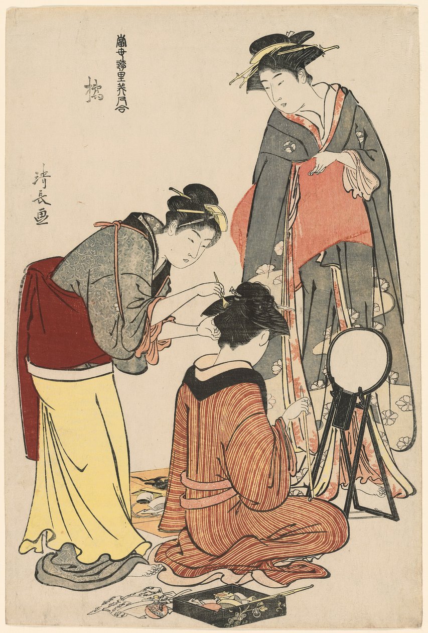 Tachibanan viihdyttäjät sarjasta "A Collection of Contemporary Beauties of the Pleasure Quarters (Tosei yuri bijin awase)" tekijältä Torii Kiyonaga
