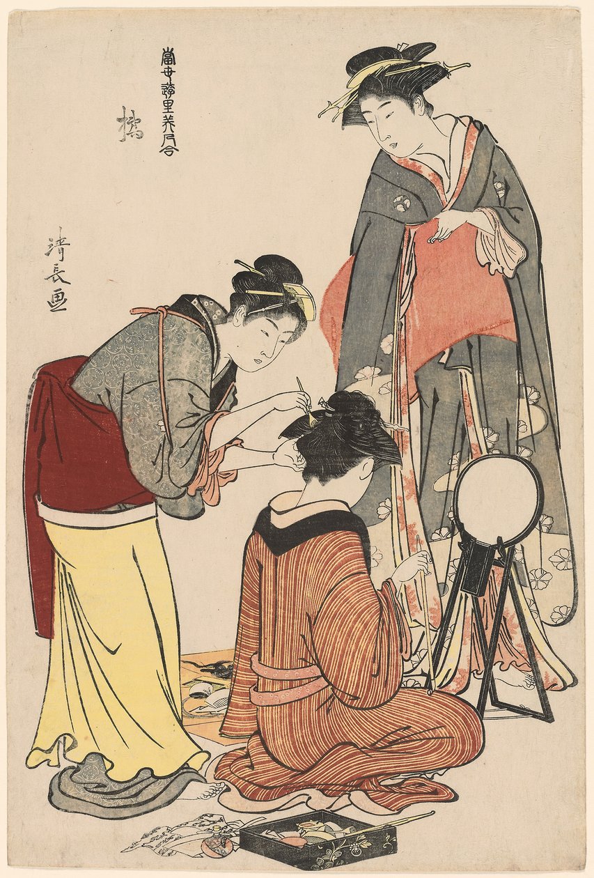 Tachibanan viihdyttäjät sarjasta "Kokoelma Pleasure Quartersin nykyaikaisia kauneutta (Tosei yuri bijin awase)", n. 1782 (värillinen puupainatus; oban) tekijältä Torii Kiyonaga