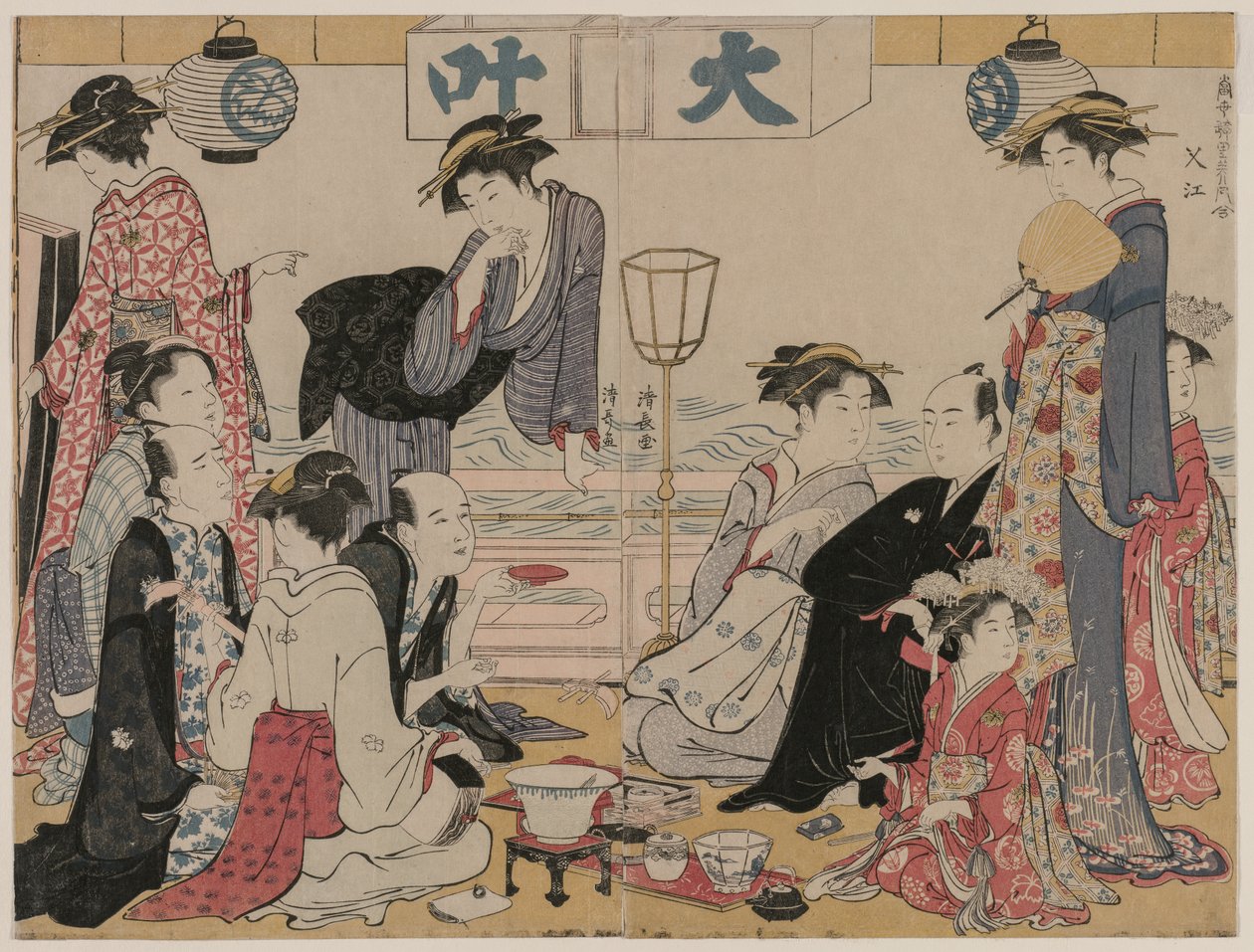 Viihdettä parvekkeella veden äärellä Nakasussa..., 1783. tekijältä Torii Kiyonaga