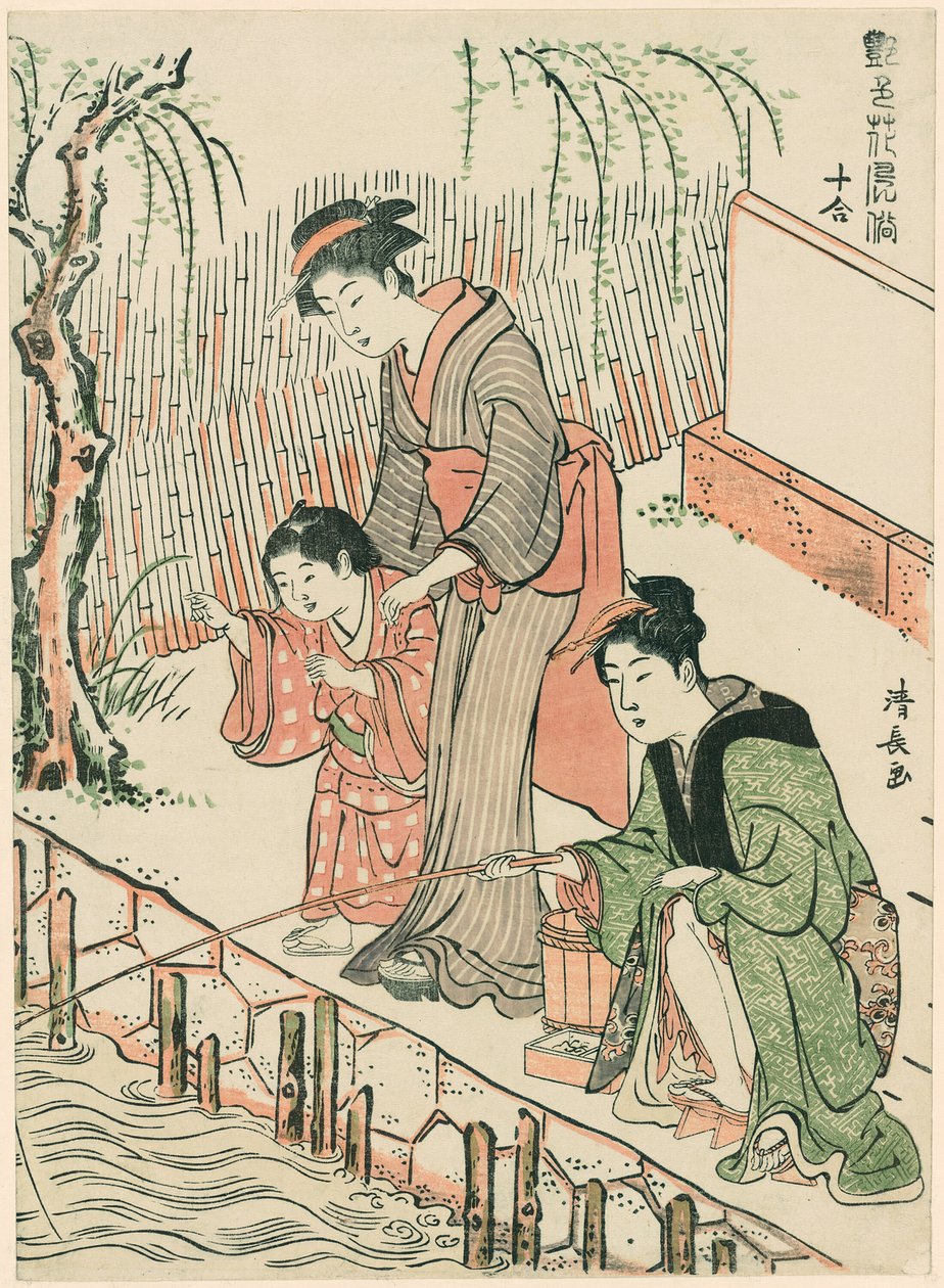 Kalastus sarjasta "A Set of Ten Beauties in Flowerlike Styles (Enshoku hana fuzoku ju awase)" tekijältä Torii Kiyonaga