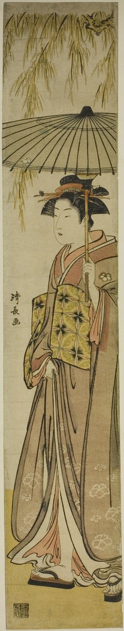 Geisha kantamassa aurinkovarjoa pajupuun alla tekijältä Torii Kiyonaga