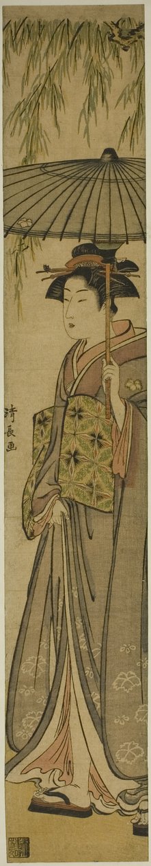 Geisha kantamassa aurinkovarjoa pajupuun alla tekijältä Torii Kiyonaga