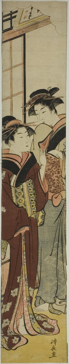 Geisha puhuu piikalleen tekijältä Torii Kiyonaga