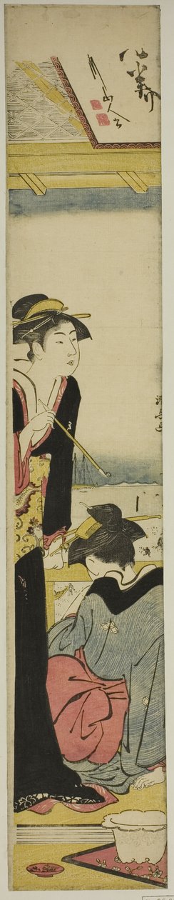 Geisha ja piika parvekkeella lahdelle tekijältä Torii Kiyonaga