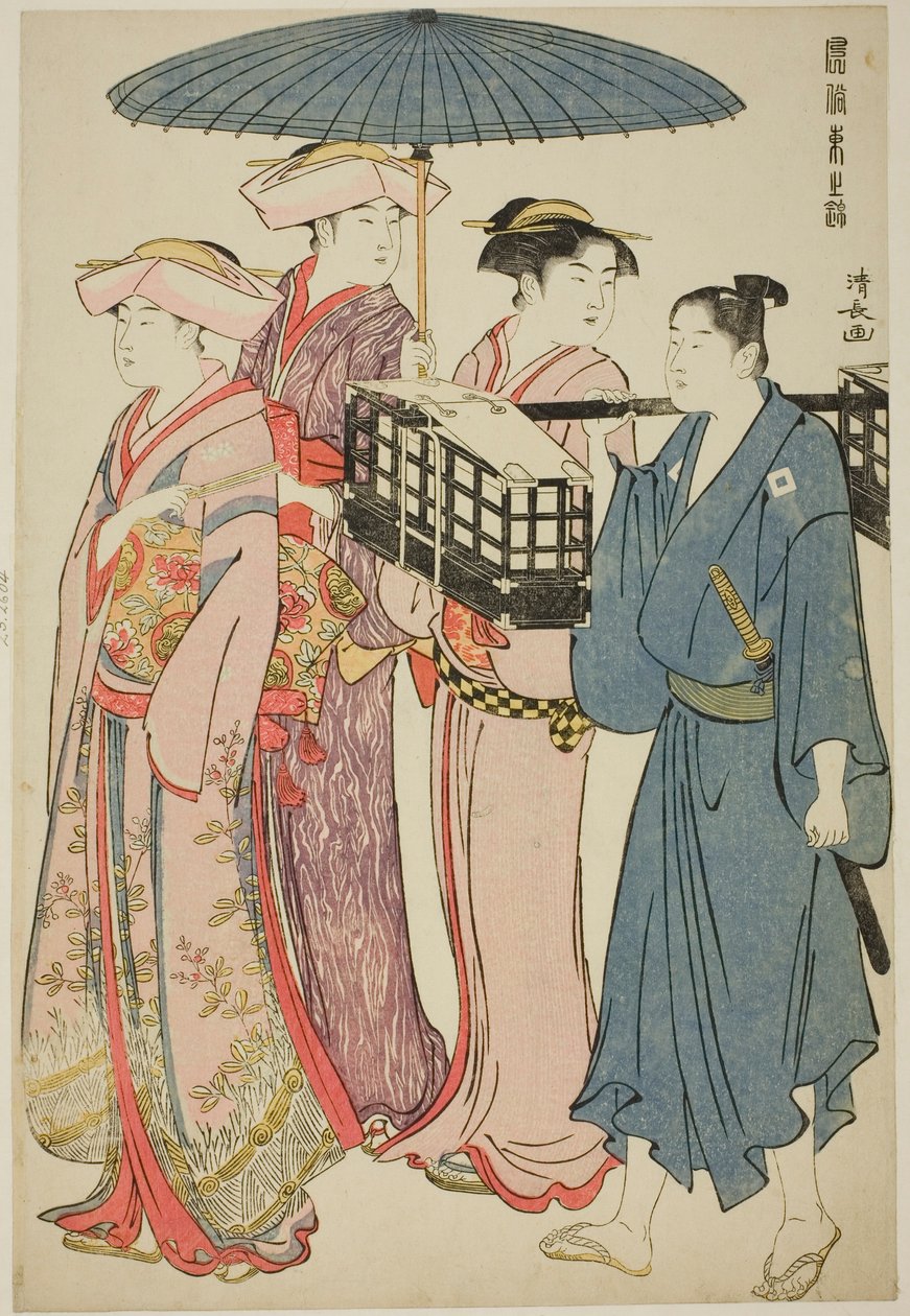 Piknikille menossa sarjasta "A Brocade of Eastern Manners (Fuzoku Azuma no nishiki)" tekijältä Torii Kiyonaga