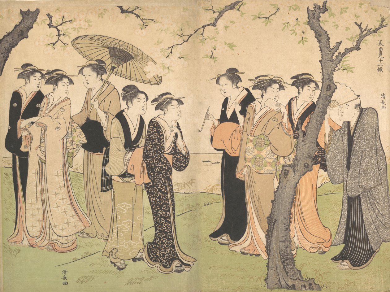 Kuuden geishan ryhmä kirsikkapuiden alla Gotenyamassa, n. 1785. tekijältä Torii Kiyonaga