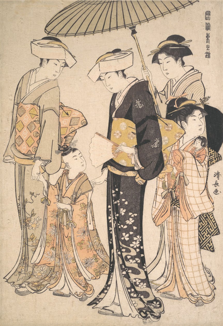 Korkea-arvoinen samuraityttö neljällä hoitajalla sarjasta A Brocade of Eastern M..., n. 1784. tekijältä Torii Kiyonaga