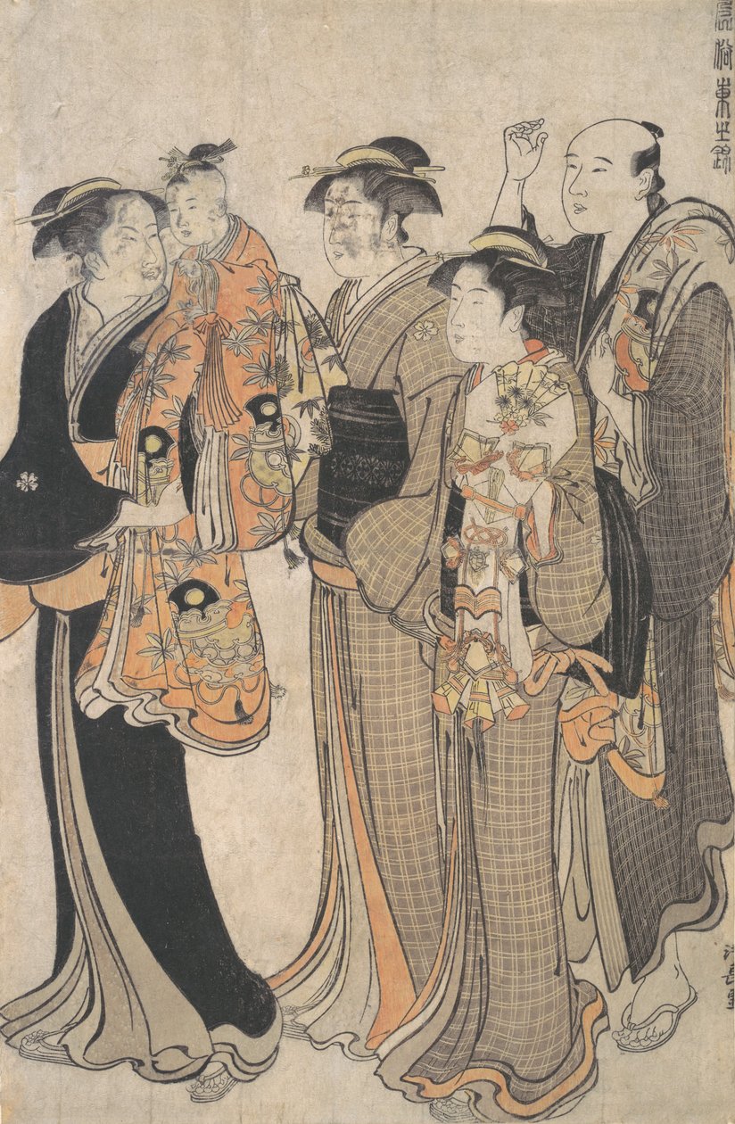 Äiti kantamassa tyttövauvaa Miya Mairille, n. 1784. tekijältä Torii Kiyonaga