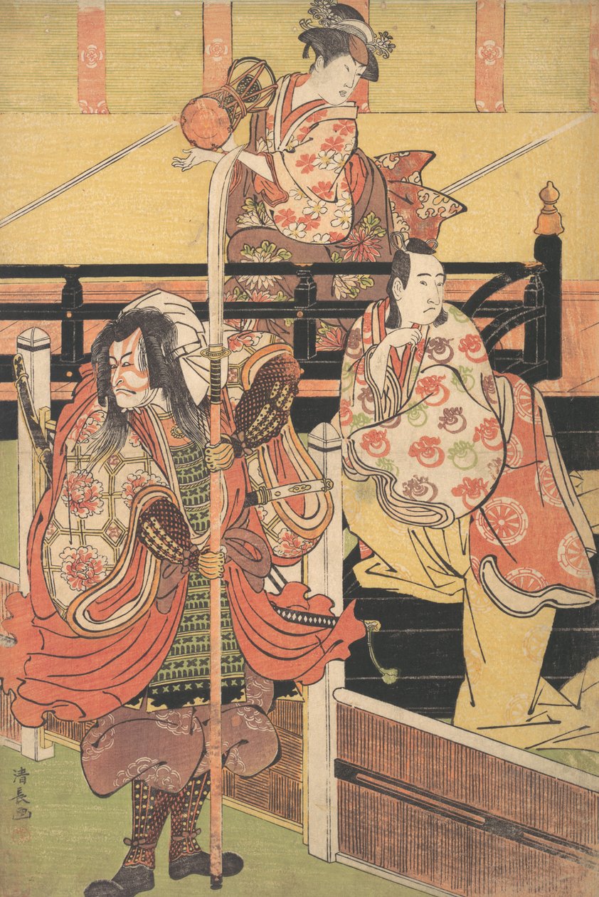 Parvekkeella nainen istuu leikkimässä Tsuzumia, Daimyo-asussa pukeutuneen miehen alla on Meri..., n. 1790. tekijältä Torii Kiyonaga