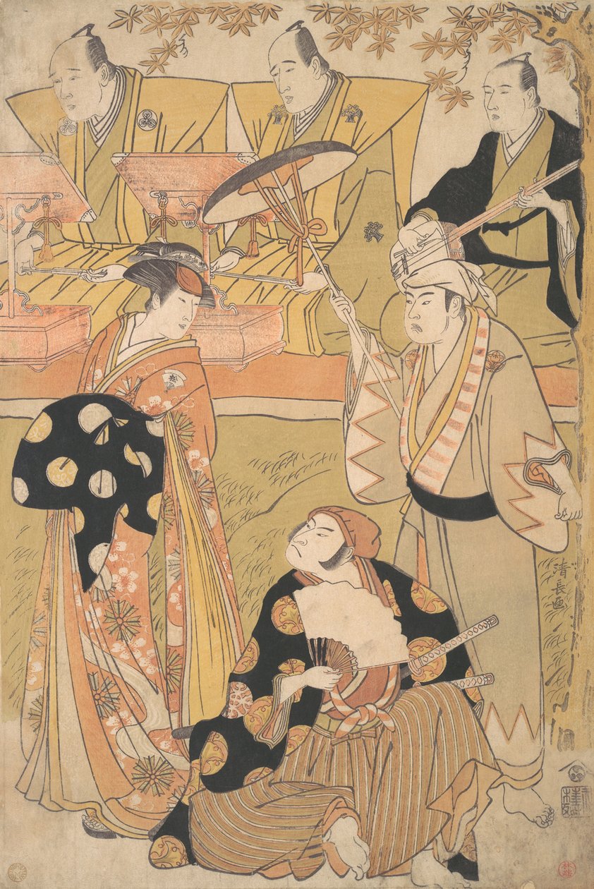 Onoe Matsusuke I Oiranina seisoo vasemmalla, puhuu Nakamura Nakazo I kanssa Samina..., n. 1788. tekijältä Torii Kiyonaga