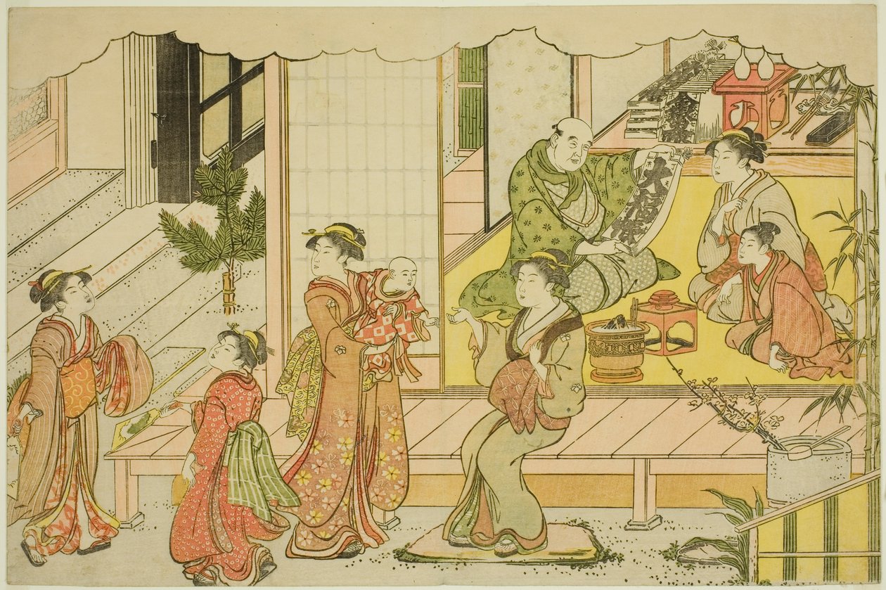 Aittahuoneen avaaminen (Kurabiraki), kuvitetusta kirjasta "Kolmioaamunkoiton värit (Saishiki mitsu no asa)" tekijältä Torii Kiyonaga