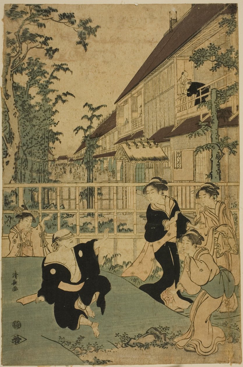 Ulkoilmahuvitukset Kankanro Teahousessa Yoshiwarassa tekijältä Torii Kiyonaga