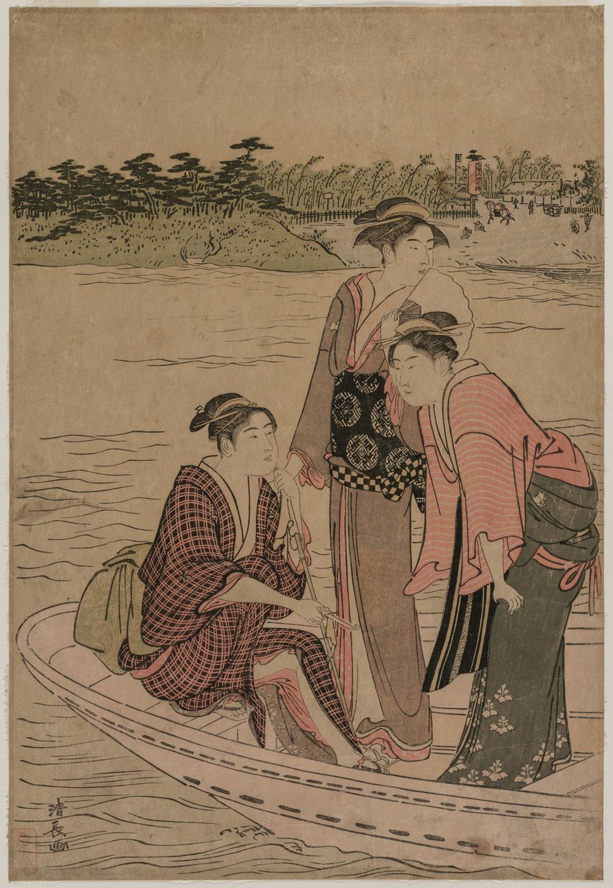 Matkustajat lautalla Sumida-joella tekijältä Torii Kiyonaga