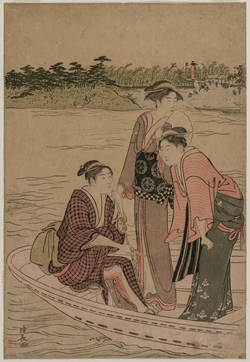 Matkustajat lautalla Sumida-joella, 1784. tekijältä Torii Kiyonaga