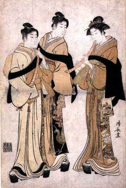 Playing the Shakuhachi, n. 1782 (puupalikkaprintti sokealla kohokuviolla) tekijältä Torii Kiyonaga