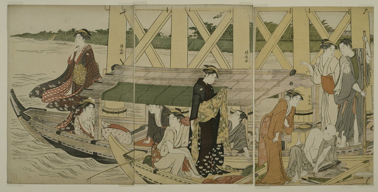 Huviveneet Azuma-sillan alla, n. 1784 tekijältä Torii Kiyonaga