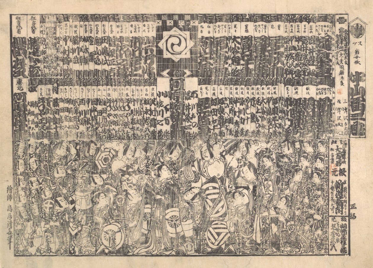 Ohjelma Kawarazaki-teatterille, n. 1800. tekijältä Torii Kiyonaga