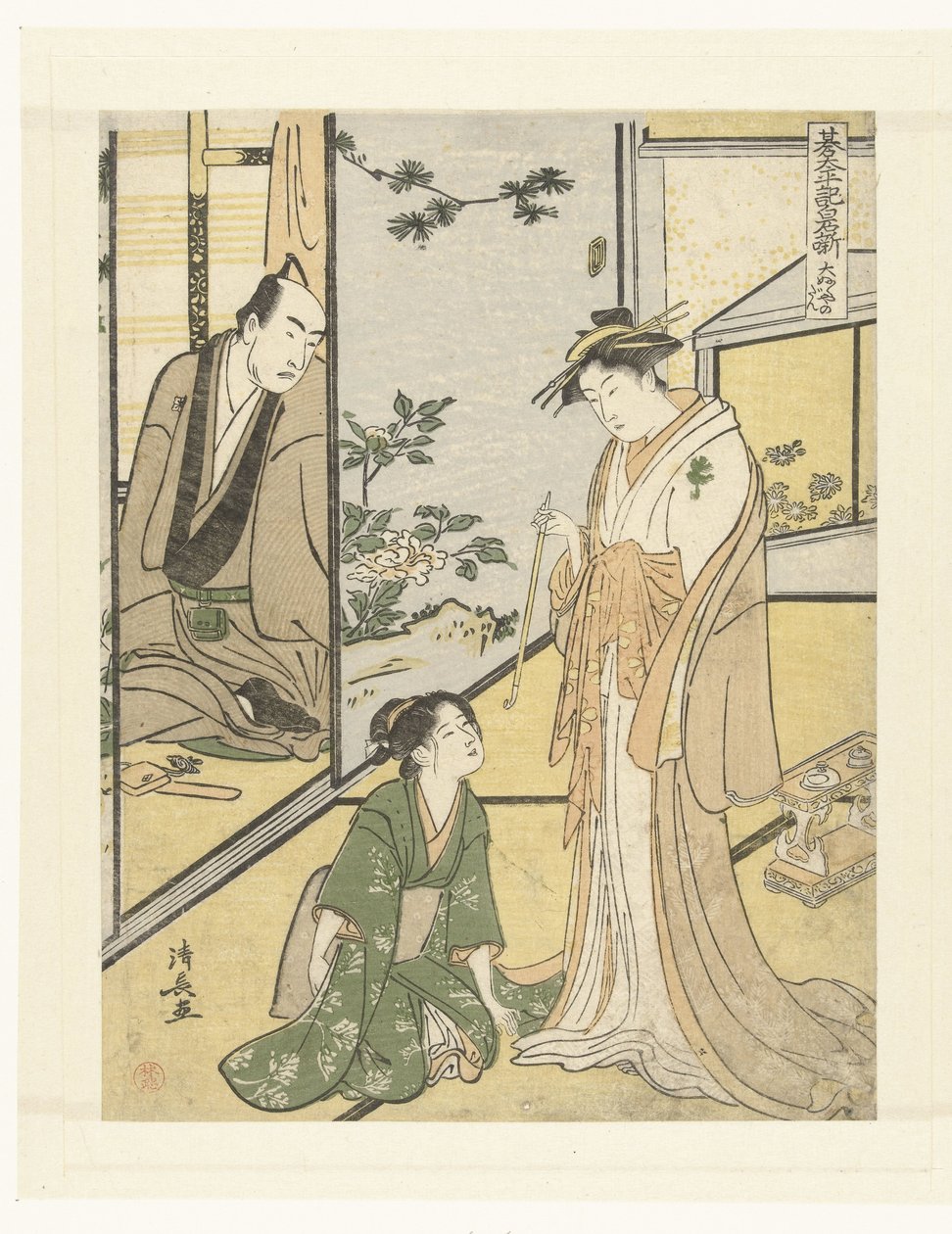 Kohtaus het Daifukuya huisissa Daifukuya no dan (otsikko esineessä) Het toneelstuk Shiraishibanashi (sarjan nimi) Gotaiheiki Shiraishibanashi (sarjan nimi esineellä) tekijältä Torii Kiyonaga