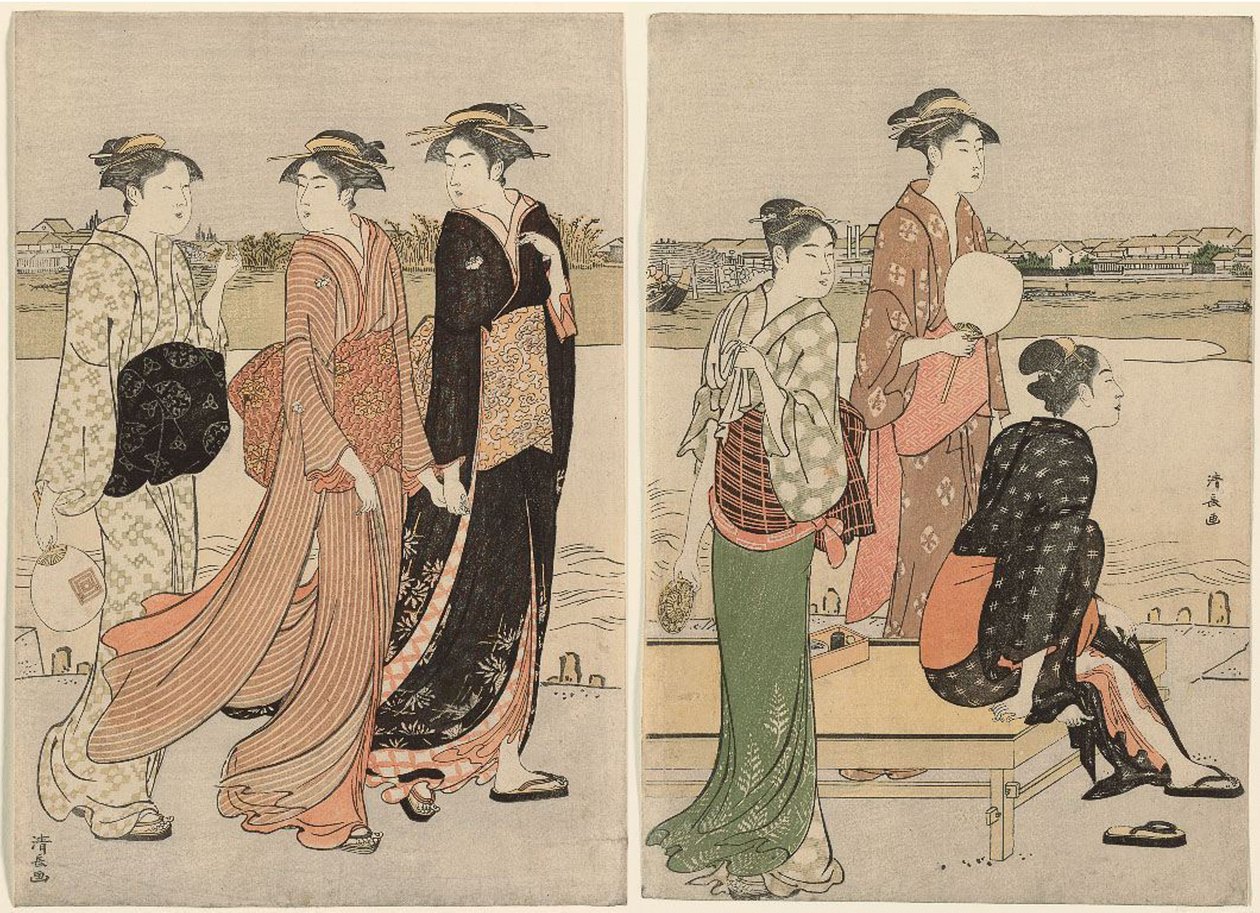 Kesähämärä Sumida-joen rannalla tekijältä Torii Kiyonaga