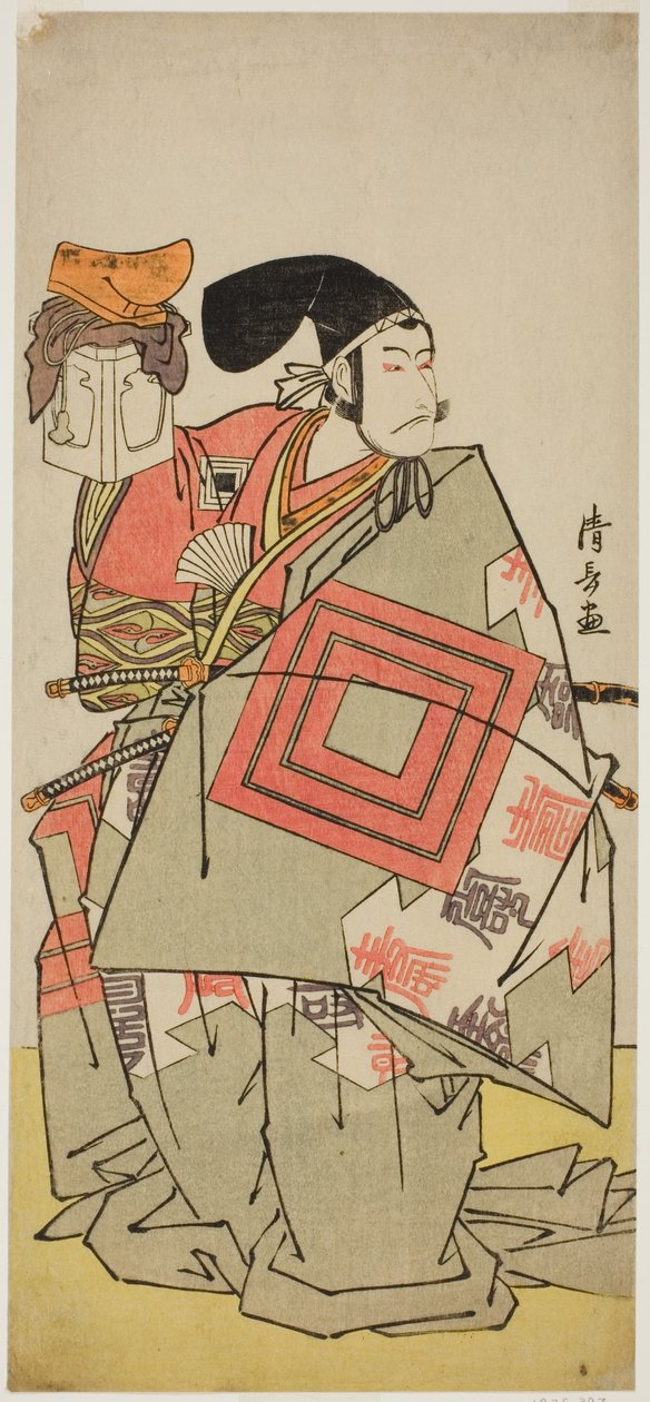 Näyttelijä Ichikawa Danjuro V Minamoto no Yoshiien roolissa näytelmässä "Date Nishiki Tsui no Yumitori", joka esitettiin Morita-teatterissa 11. kuussa 1778 (?) tekijältä Torii Kiyonaga
