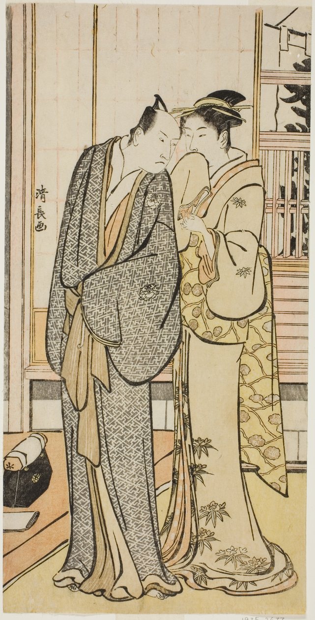 Näyttelijä Ichikawa Yaozo III geishan kanssa nimettömästä printtisarjasta, joka esittää näyttelijöitä yksityiselämässä tekijältä Torii Kiyonaga