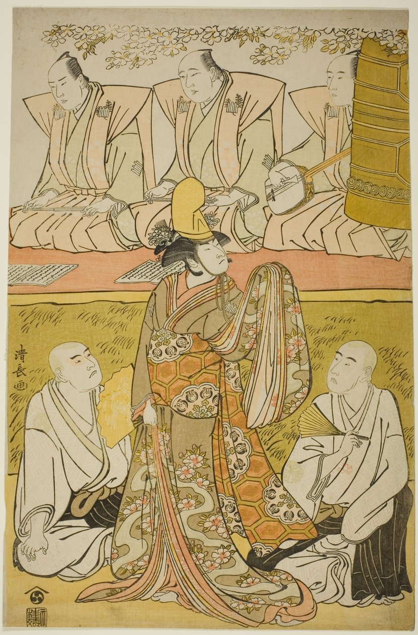 Näyttelijä Nakamura Nakazo I Shirabyoshi Katsuragina, Matsumoto Koshiro IV munkina Meigetsuboa ja Otani Hiroji III munkki Izayoiboa näytelmässä "Edoganoko Musume Dojoji", joka esitettiin Ichimura-teatterissa kahdeksantena kuukautena, 1783. tekijältä Torii Kiyonaga