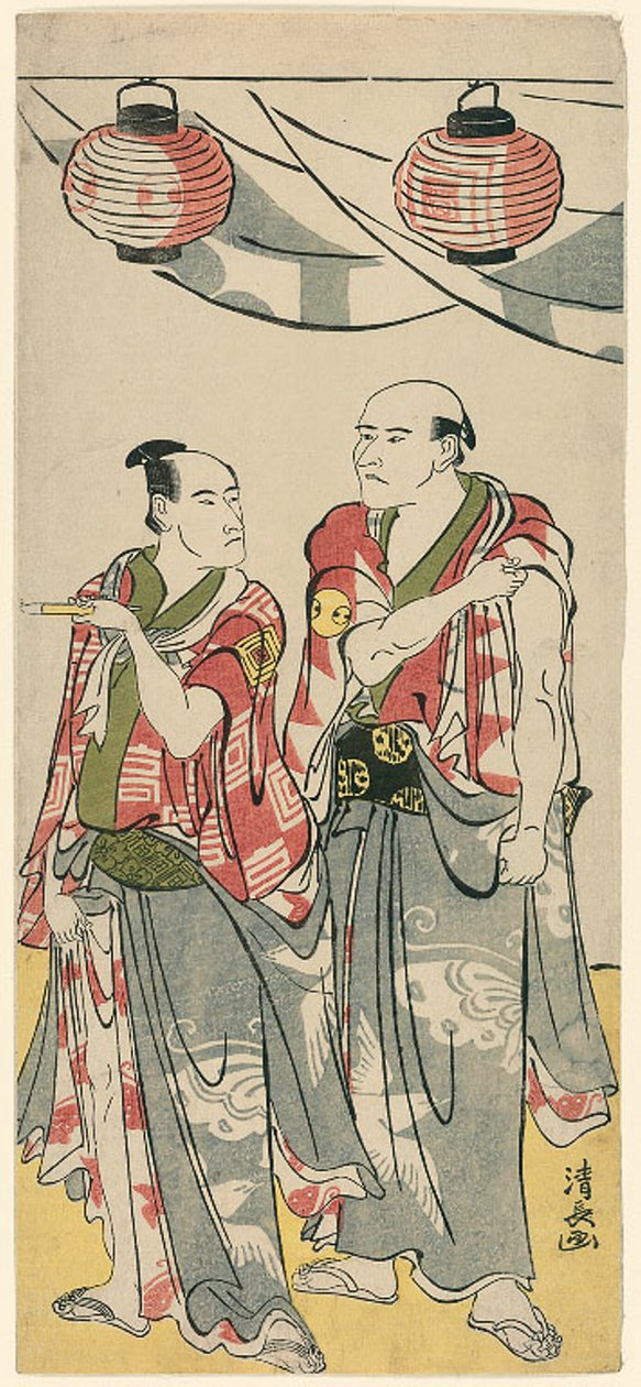 Näyttelijät Arashi Ryuzo II ja Ichikawa Komazo III, yhdestätoista näyttelijän pentaptyykistä, jotka juhlivat Sogan veljien pyhäkön juhlaa tekijältä Torii Kiyonaga