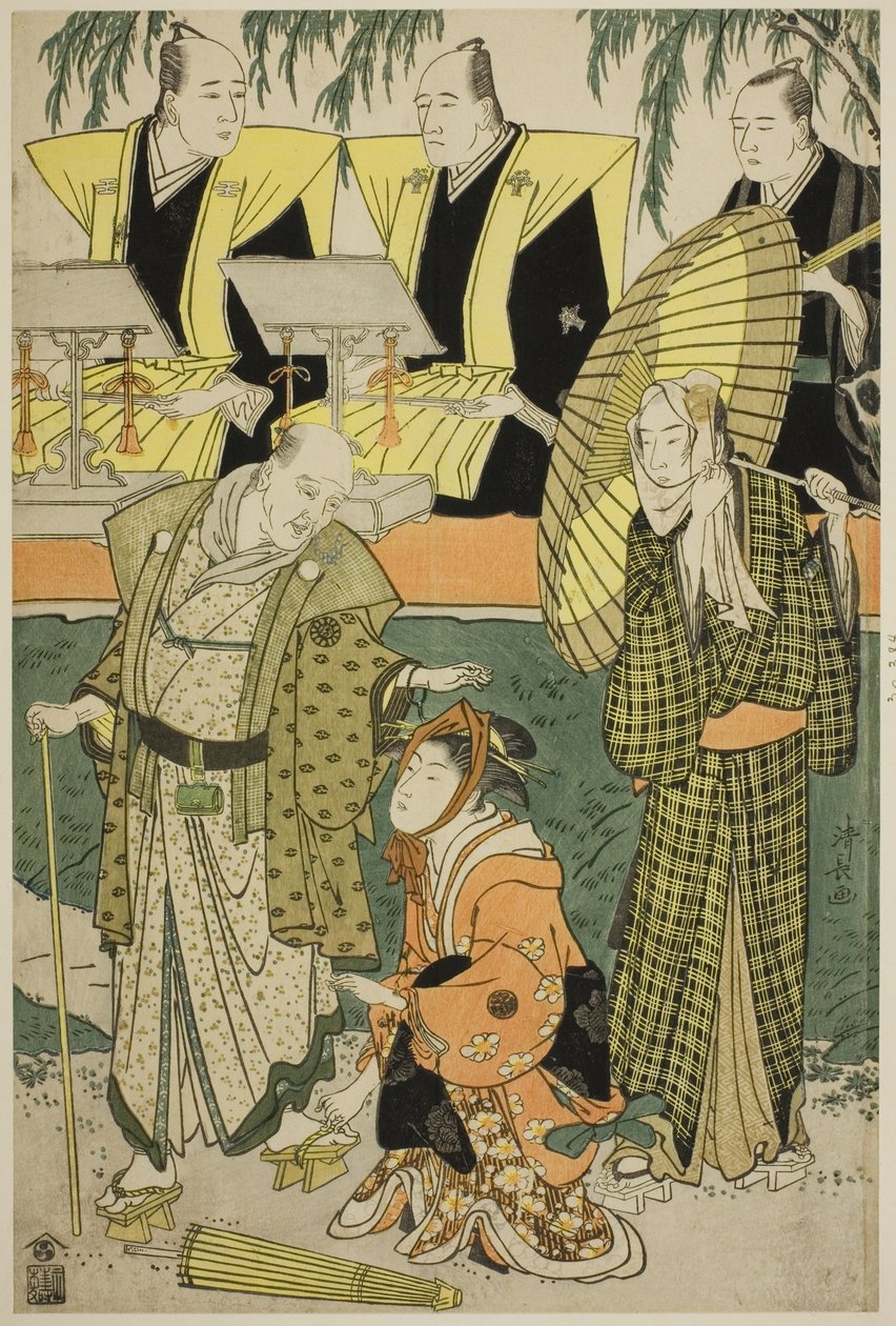 Näyttelijät Bando Matakuro IV Chubeina, Osagawa Tsuneyo II Umegawana ja Nakamura Katsugoro Magoemonia näytelmässä "Keisei Koibikyaku" tekijältä Torii Kiyonaga