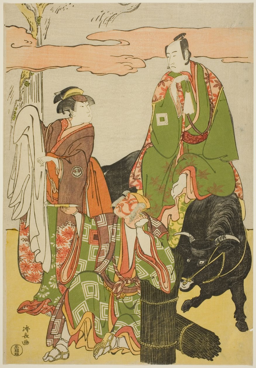 Näyttelijät Ichikawa Monnosuke II Miyukinosukena, Segawa Kikunojo III Hatsune-himenä ja Ichikawa Danjuro V Ninnaji no Saibeina jorurissa "Shitenno Oe no Yamairi" esitettiin Kiri-teatterissa yhdestoista kuukaudessa 1785. tekijältä Torii Kiyonaga