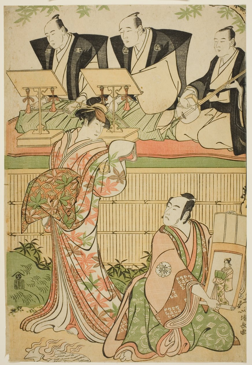 Näyttelijät Matsumoto Koshiro IV Ukita Sakingona ja Sawamura Sojuro III kurtisaani Takaon aaveena näytelmässä "Ominaeshi Sugata no Hatsuaki", joka esitettiin Nakamura-teatterissa, 1788 tekijältä Torii Kiyonaga