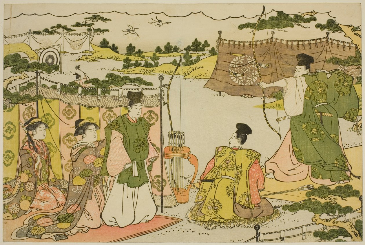 Uuden vuoden ensimmäinen jousiammuntaharjoitus (Yumi hajime), kuvitetusta kirjasta "Kolmioaamunkoiton värit (Saishiki mitsu no asa)" tekijältä Torii Kiyonaga