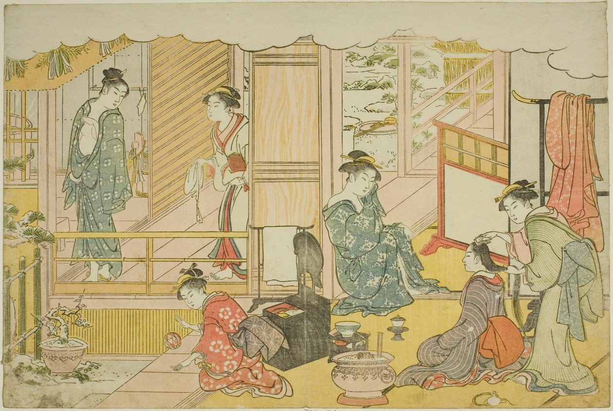 Uuden vuoden ensimmäinen kylpy (Yudono hajime), kuvitetusta kirjasta "Kolmioaamunkoiton värit (Saishiki mitsu no asa)" tekijältä Torii Kiyonaga