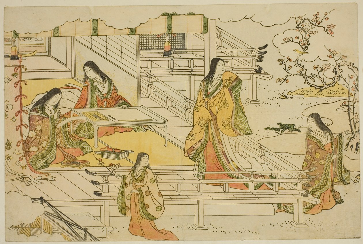 Uuden vuoden ensimmäinen kalligrafia (Kissho hajime), kuvitetusta kirjasta "Kolmioaamunkoiton värit (Saishiki mitsu no asa)" tekijältä Torii Kiyonaga